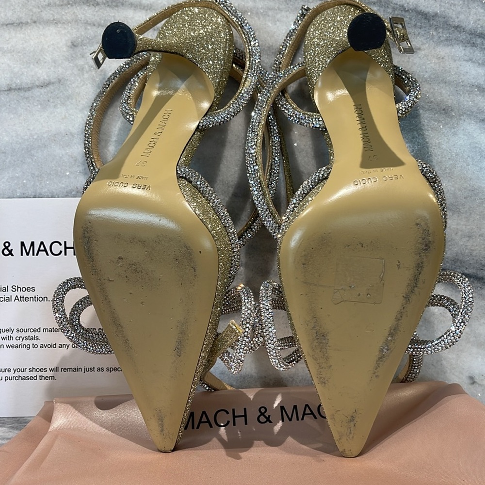 Mach and Mach Double Bow Gold Glitter High Heels with Silver Bow size 37 - Picture 6 of 8